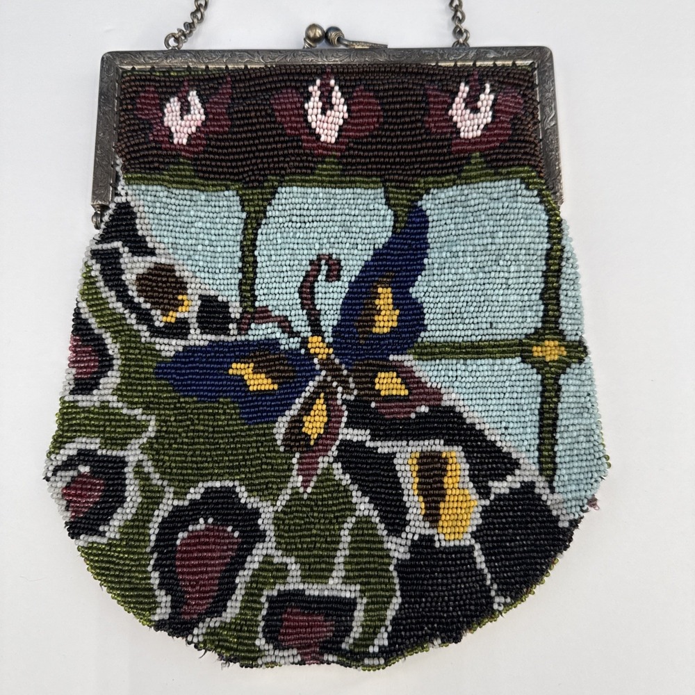 Antique/Vtg Hand Beaded Butterfly Purse Art Nouveau Style Kiss Lock Chain Bag